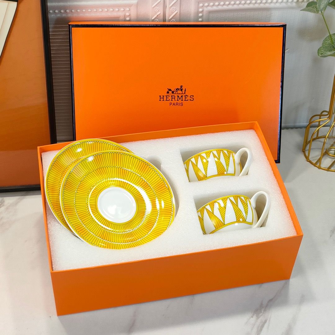 Hermes tea set of two yellow cups - Hermes Cups | Aleppo Gift UAE